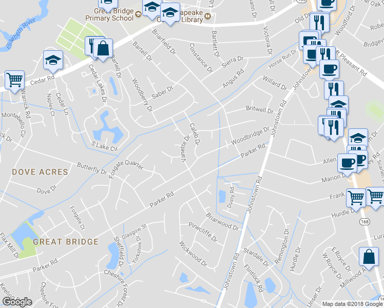 map of restaurants, bars, coffee shops, grocery stores, and more near 620 Caleb Drive in Chesapeake