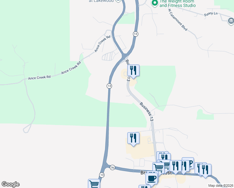 map of restaurants, bars, coffee shops, grocery stores, and more near 18881 Business 13 in Branson West