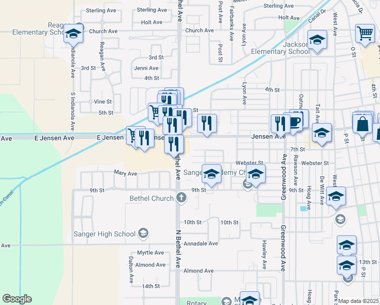 map of restaurants, bars, coffee shops, grocery stores, and more near 790 North Bethel Avenue in Sanger