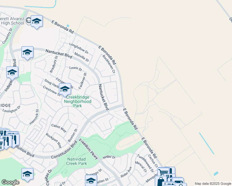 map of restaurants, bars, coffee shops, grocery stores, and more near 1260 De Cunha Court in Salinas
