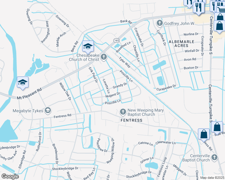 map of restaurants, bars, coffee shops, grocery stores, and more near 905 Nugent Drive in Chesapeake