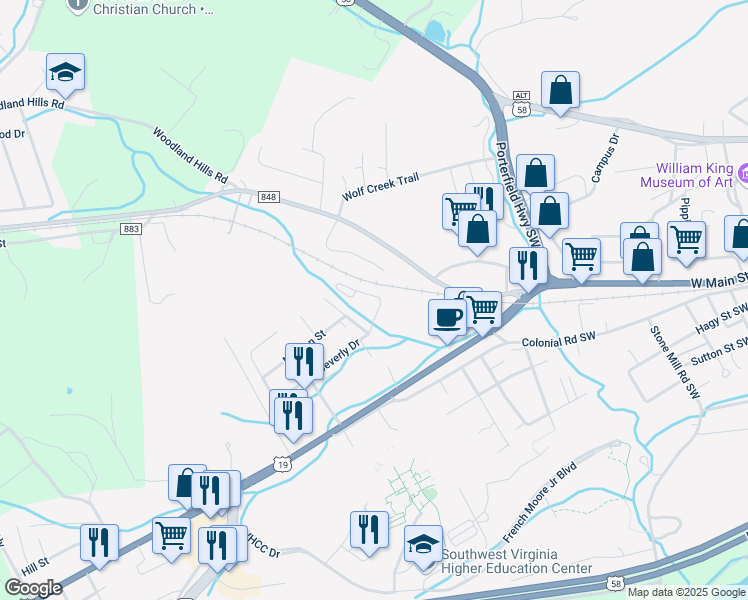 map of restaurants, bars, coffee shops, grocery stores, and more near 800 Crosscreek Drive in Abingdon