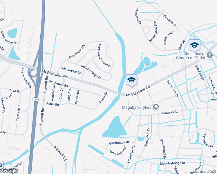 map of restaurants, bars, coffee shops, grocery stores, and more near 585 Mount Pleasant Road in Chesapeake