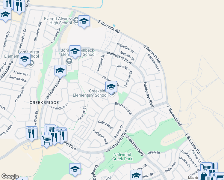 map of restaurants, bars, coffee shops, grocery stores, and more near 1770 Kittery Street in Salinas