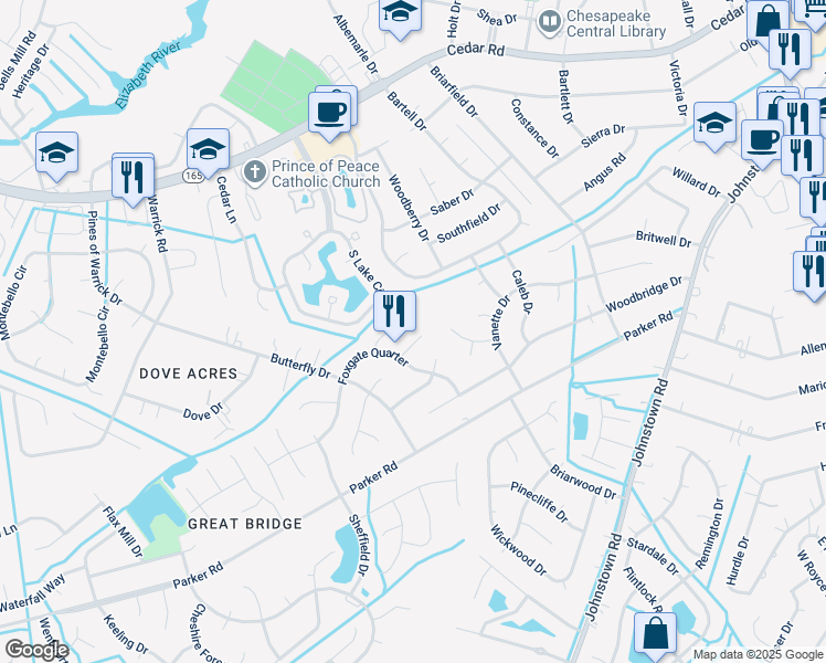 map of restaurants, bars, coffee shops, grocery stores, and more near 408 Brougham Court in Chesapeake