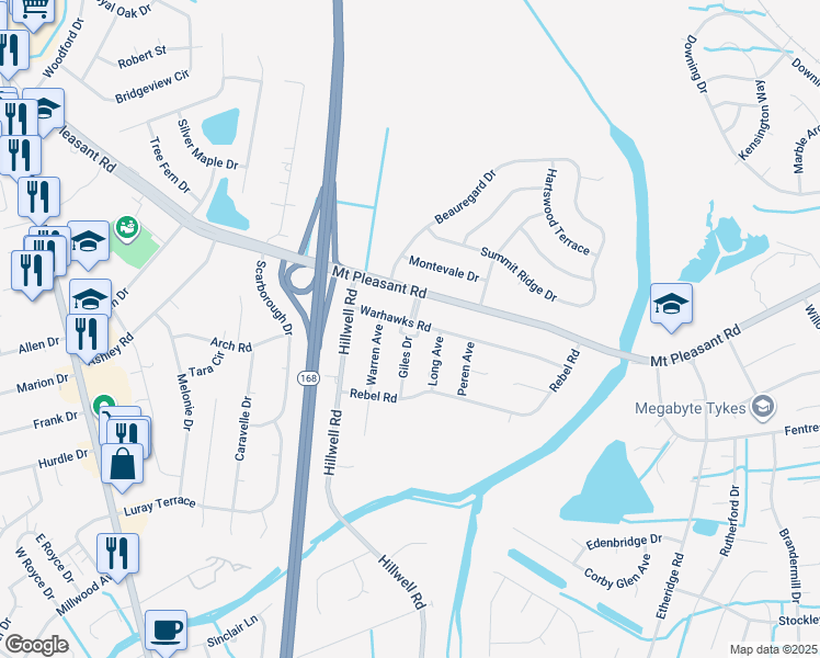 map of restaurants, bars, coffee shops, grocery stores, and more near 427 Warhawks Road in Chesapeake
