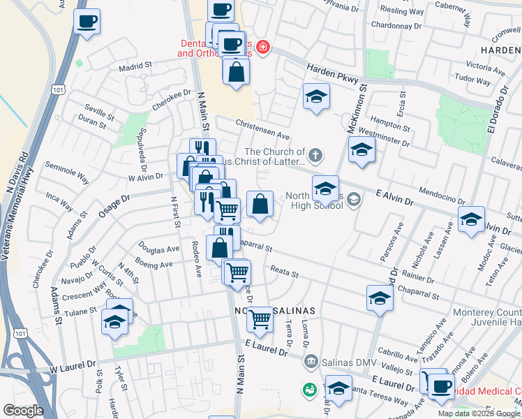 map of restaurants, bars, coffee shops, grocery stores, and more near 196 East Alvin Drive in Salinas