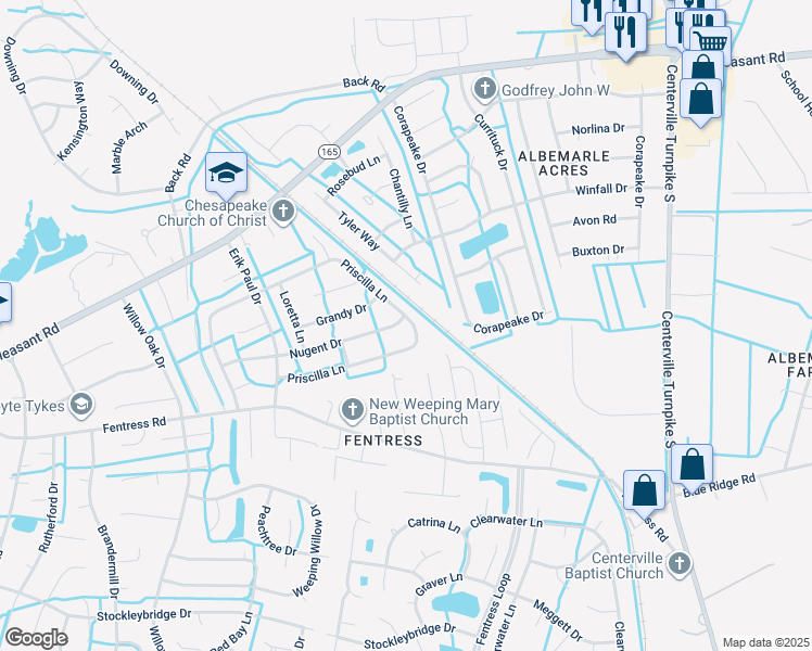 map of restaurants, bars, coffee shops, grocery stores, and more near 1121 Priscilla Lane in Chesapeake