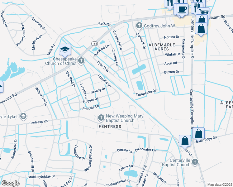 map of restaurants, bars, coffee shops, grocery stores, and more near 1121 Priscilla Lane in Chesapeake