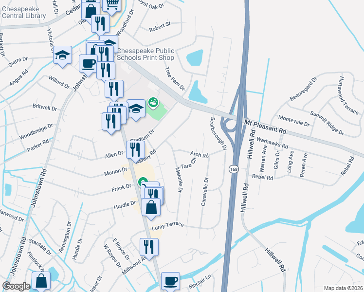 map of restaurants, bars, coffee shops, grocery stores, and more near 115 Ashley Road in Chesapeake