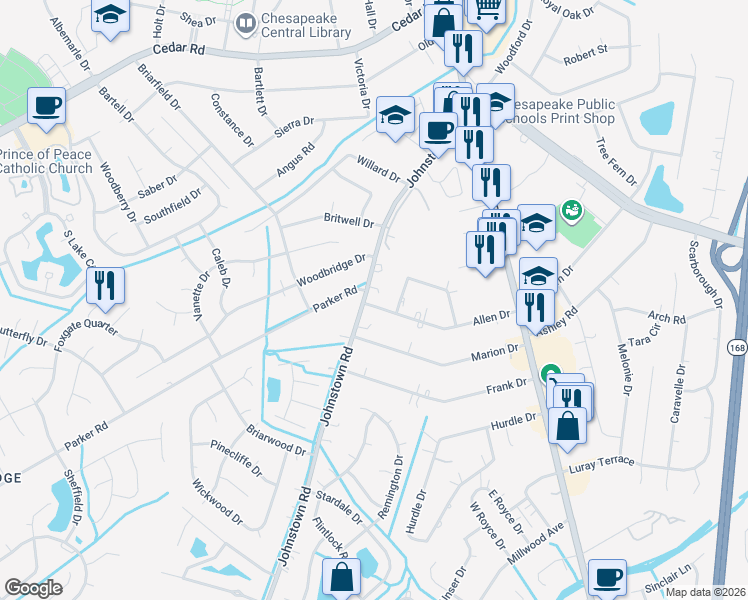 map of restaurants, bars, coffee shops, grocery stores, and more near 465 Johnstown Road in Chesapeake