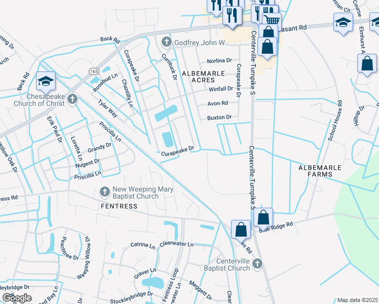 map of restaurants, bars, coffee shops, grocery stores, and more near 609 Corapeake Drive in Chesapeake