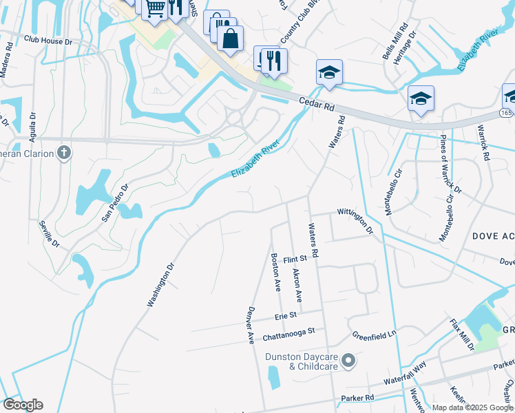 map of restaurants, bars, coffee shops, grocery stores, and more near 524 Bells Hollow Court in Chesapeake