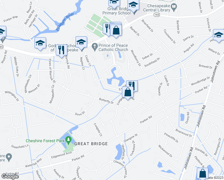 map of restaurants, bars, coffee shops, grocery stores, and more near 734 South Lake Circle in Chesapeake