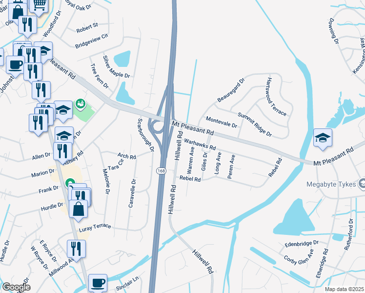 map of restaurants, bars, coffee shops, grocery stores, and more near 529 Hillwell Road in Chesapeake