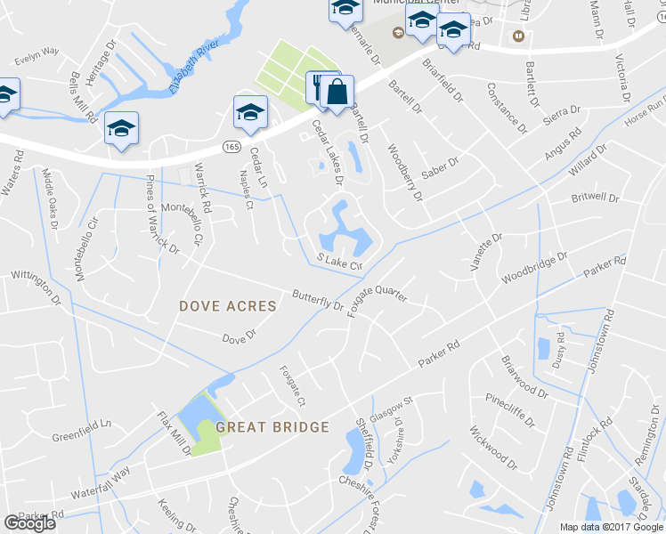 map of restaurants, bars, coffee shops, grocery stores, and more near 736 South Lake Circle in Chesapeake