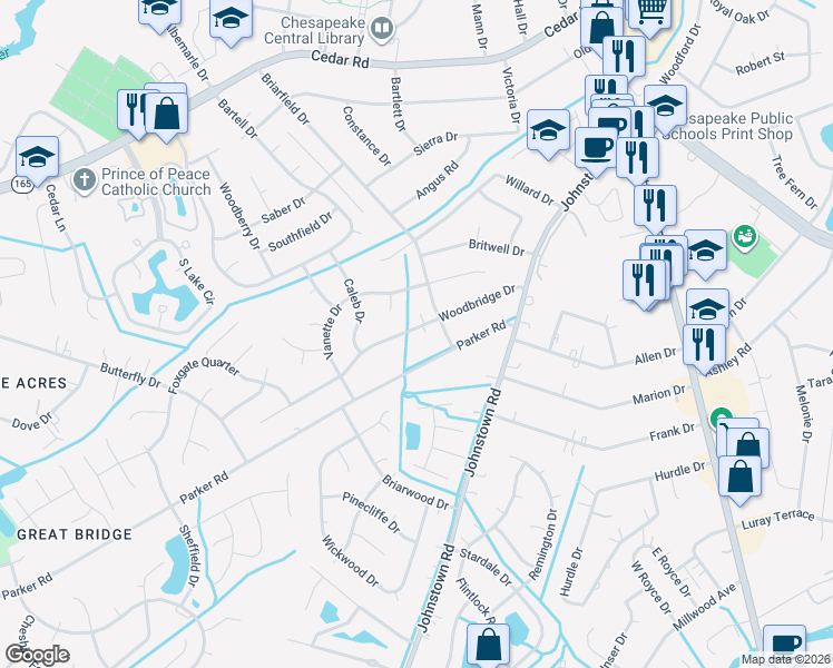 map of restaurants, bars, coffee shops, grocery stores, and more near 312 Randy Court in Chesapeake