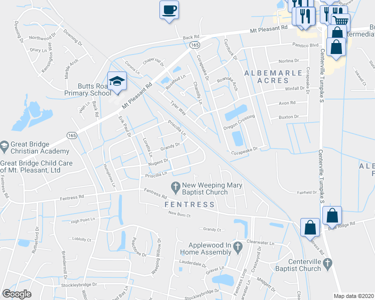 map of restaurants, bars, coffee shops, grocery stores, and more near 948 Nugent Drive in Chesapeake