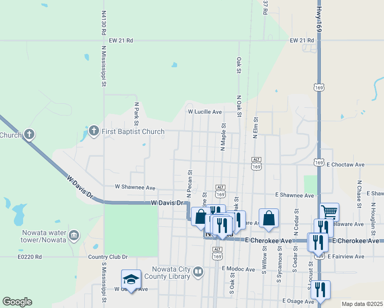 map of restaurants, bars, coffee shops, grocery stores, and more near 422 N Pecan St in Nowata