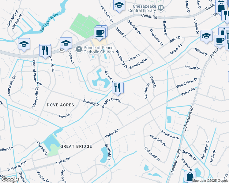 map of restaurants, bars, coffee shops, grocery stores, and more near 604 South Lake Circle in Chesapeake