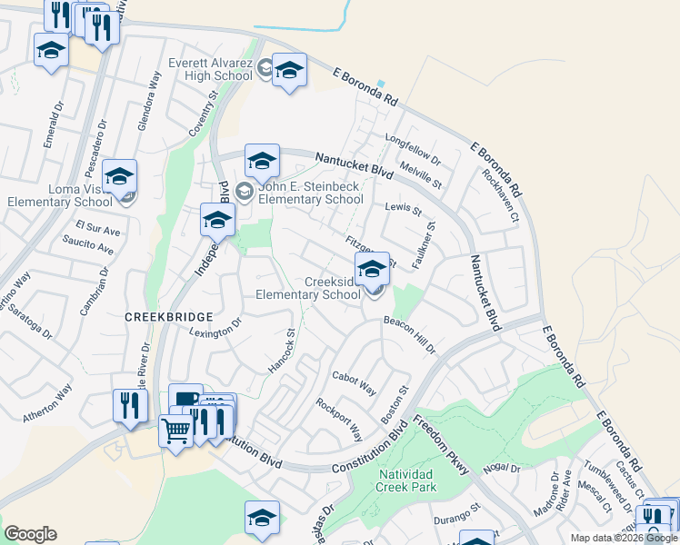 map of restaurants, bars, coffee shops, grocery stores, and more near 1017 Snug Harbor Street in Salinas