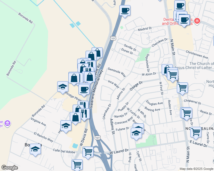 map of restaurants, bars, coffee shops, grocery stores, and more near 564 Inca Way in Salinas