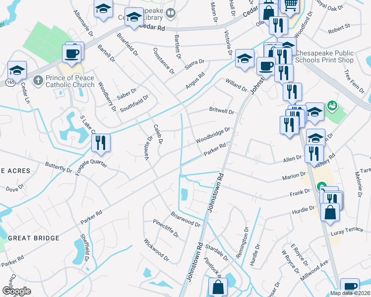 map of restaurants, bars, coffee shops, grocery stores, and more near 312 Randy Court in Chesapeake