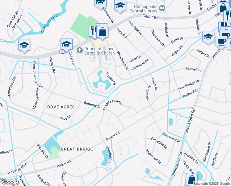 map of restaurants, bars, coffee shops, grocery stores, and more near 604 South Lake Circle in Chesapeake