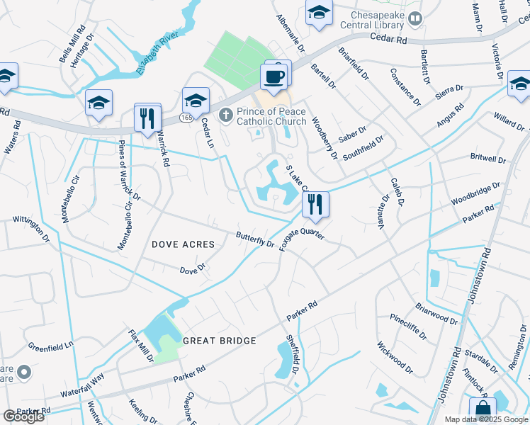 map of restaurants, bars, coffee shops, grocery stores, and more near 751 South Lake Circle in Chesapeake