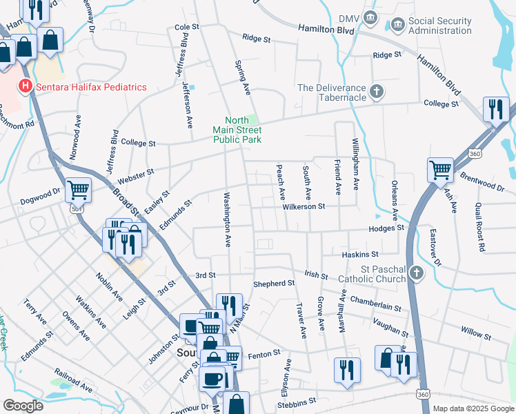 map of restaurants, bars, coffee shops, grocery stores, and more near 1399 N Main St in South Boston