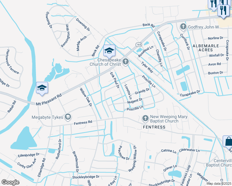 map of restaurants, bars, coffee shops, grocery stores, and more near 805 Erik Paul Drive in Chesapeake