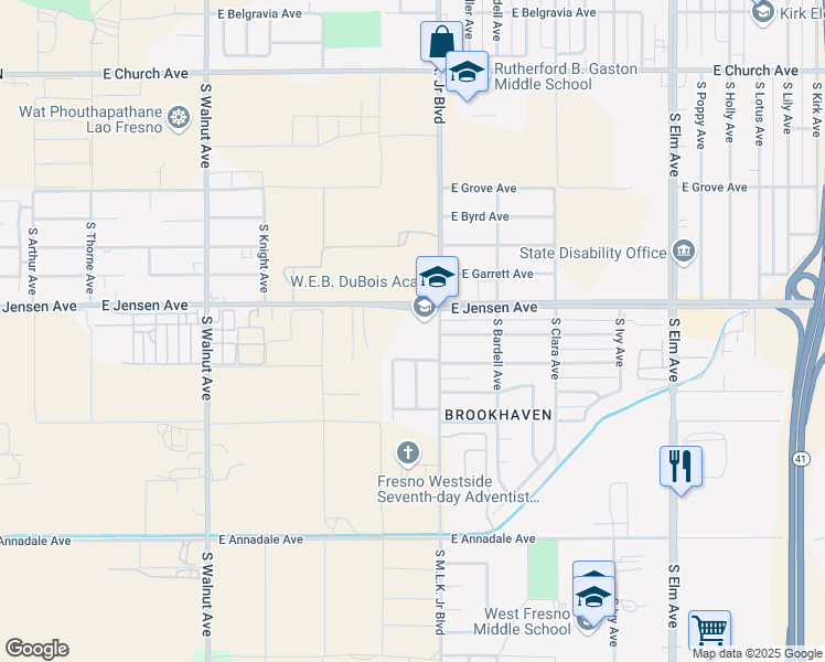 map of restaurants, bars, coffee shops, grocery stores, and more near 2604 South Martin Luther King Junior Boulevard in Fresno