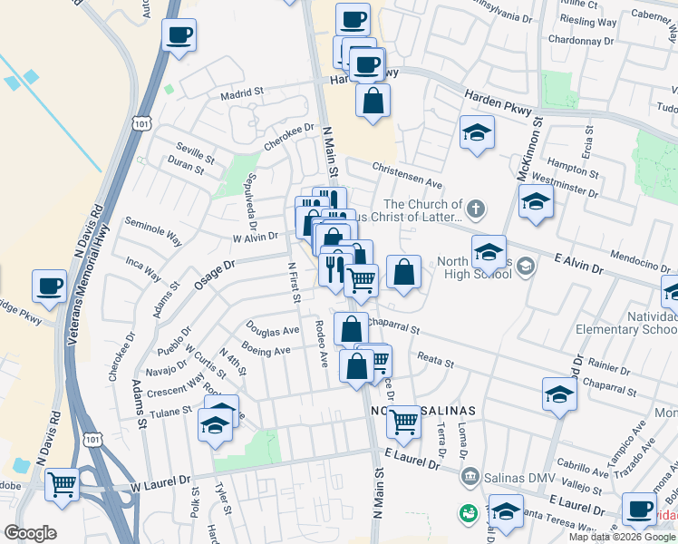 map of restaurants, bars, coffee shops, grocery stores, and more near 1400 North Main Street in Salinas