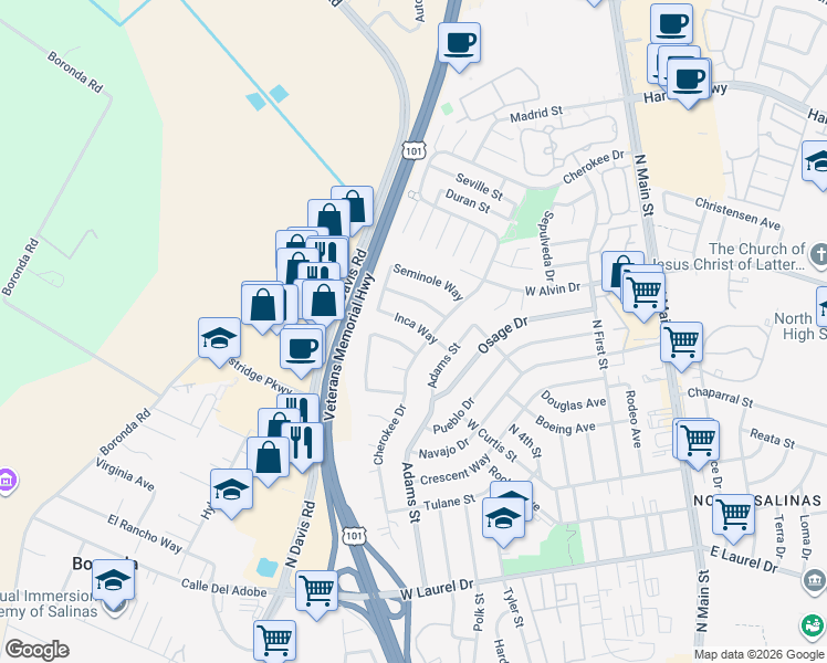map of restaurants, bars, coffee shops, grocery stores, and more near 564 Inca Way in Salinas