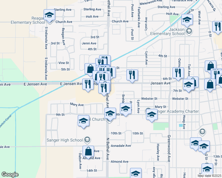 map of restaurants, bars, coffee shops, grocery stores, and more near in Sanger
