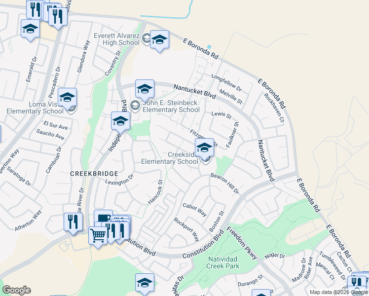 map of restaurants, bars, coffee shops, grocery stores, and more near 1017 Snug Harbor Street in Salinas