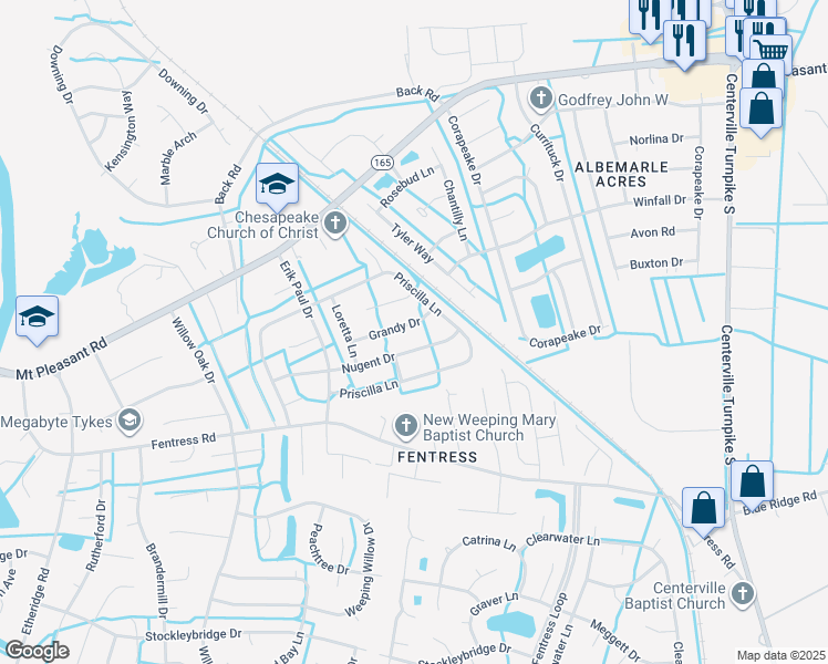 map of restaurants, bars, coffee shops, grocery stores, and more near 1101 Priscilla Lane in Chesapeake