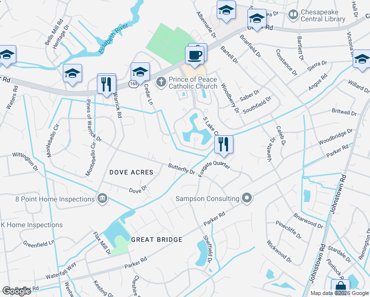 map of restaurants, bars, coffee shops, grocery stores, and more near 751 South Lake Circle in Chesapeake