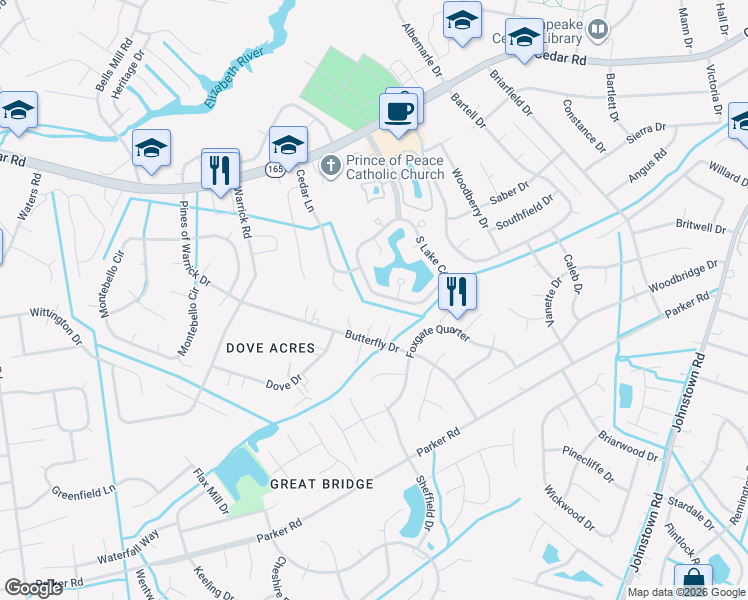 map of restaurants, bars, coffee shops, grocery stores, and more near 751 South Lake Circle in Chesapeake