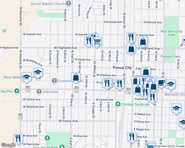 map of restaurants, bars, coffee shops, grocery stores, and more near 302 North Osage Street in Ponca City
