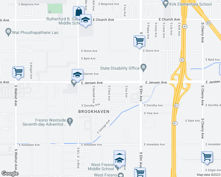 map of restaurants, bars, coffee shops, grocery stores, and more near 1305 East Drummond Avenue in Fresno