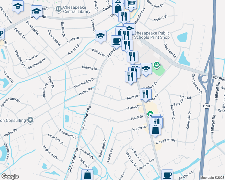 map of restaurants, bars, coffee shops, grocery stores, and more near 237 Fresno Drive in Chesapeake