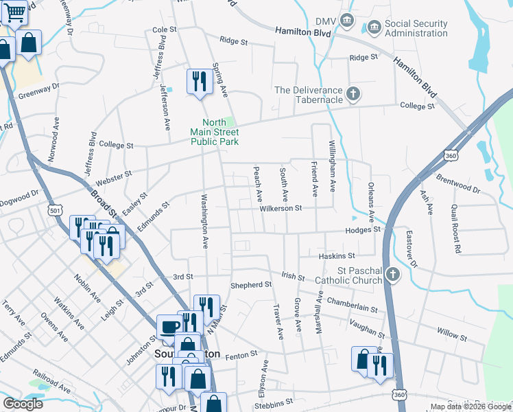 map of restaurants, bars, coffee shops, grocery stores, and more near 1306 Peach Avenue in South Boston