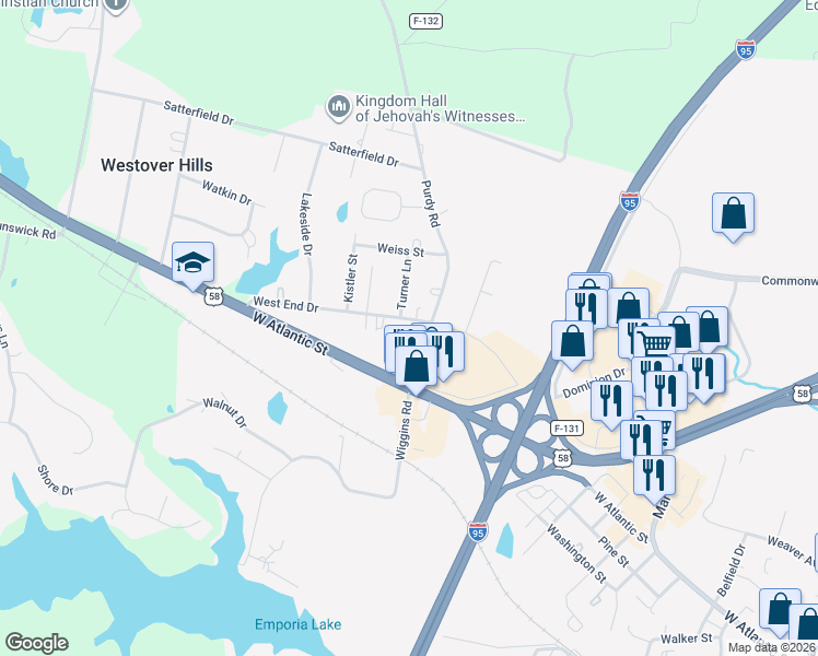 map of restaurants, bars, coffee shops, grocery stores, and more near 1100-1198 State Route 686 in Emporia