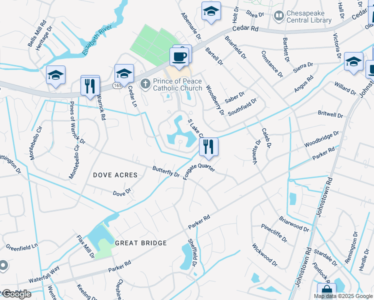 map of restaurants, bars, coffee shops, grocery stores, and more near 711 South Lake Circle in Chesapeake