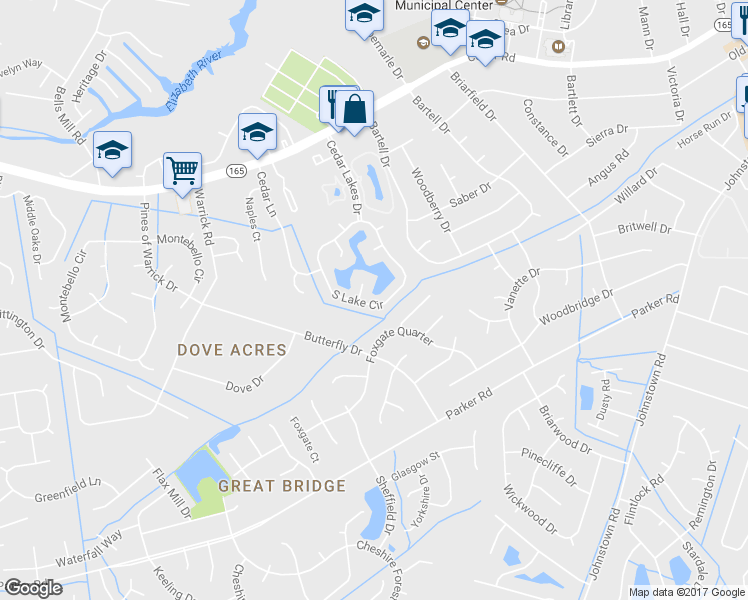 map of restaurants, bars, coffee shops, grocery stores, and more near 711 South Lake Circle in Chesapeake
