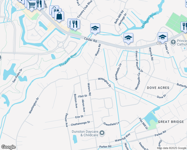 map of restaurants, bars, coffee shops, grocery stores, and more near 505 Waters Rd in Chesapeake