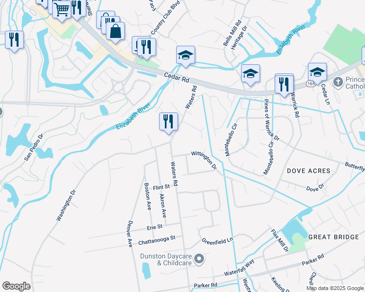 map of restaurants, bars, coffee shops, grocery stores, and more near 505 Waters Rd in Chesapeake