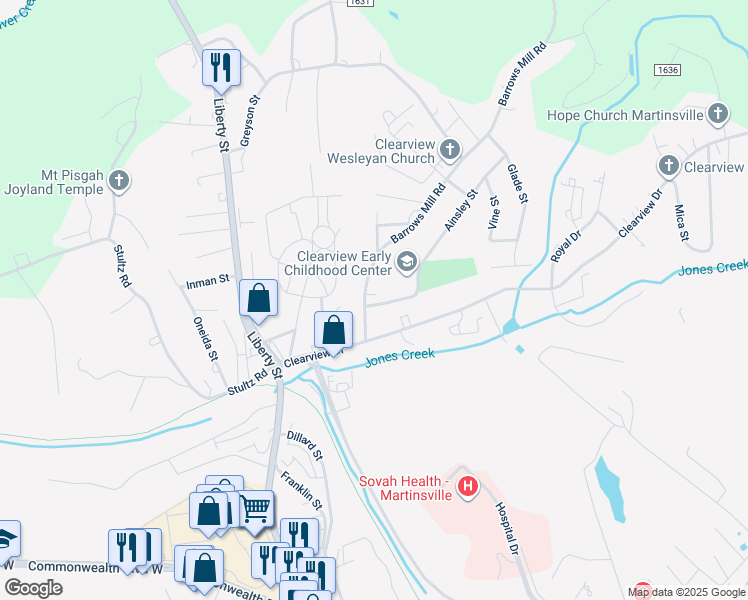 map of restaurants, bars, coffee shops, grocery stores, and more near 800 Ainsley Street in Martinsville