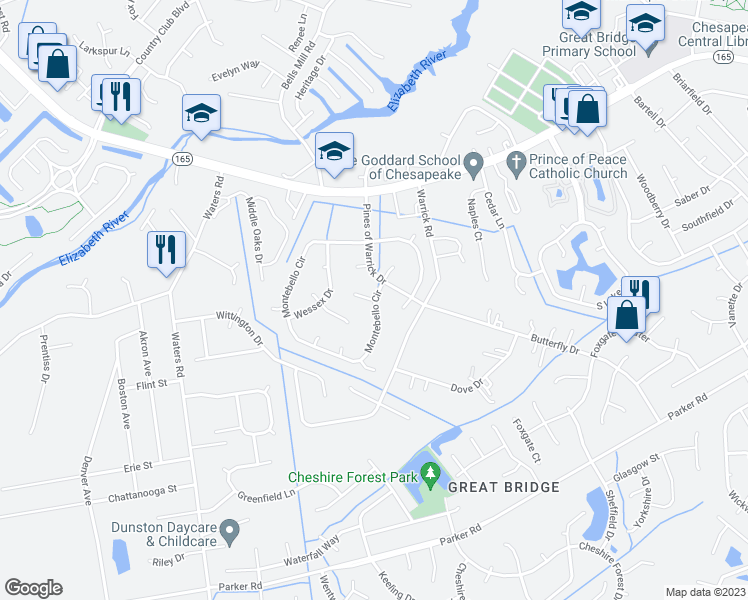 map of restaurants, bars, coffee shops, grocery stores, and more near 500 Bonsack Court in Chesapeake